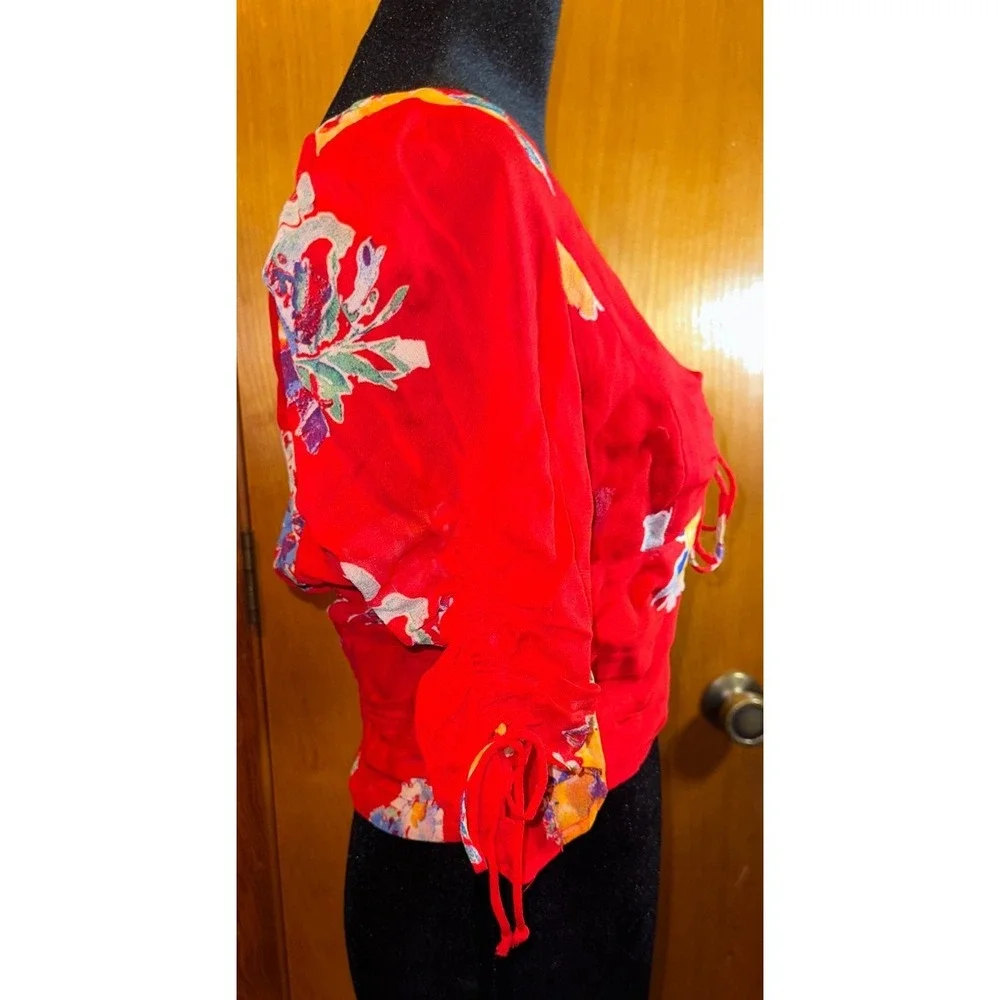 Free People Back On Top Red‎ Floral Smocked Tie Front Summer Crop Top Boho Small